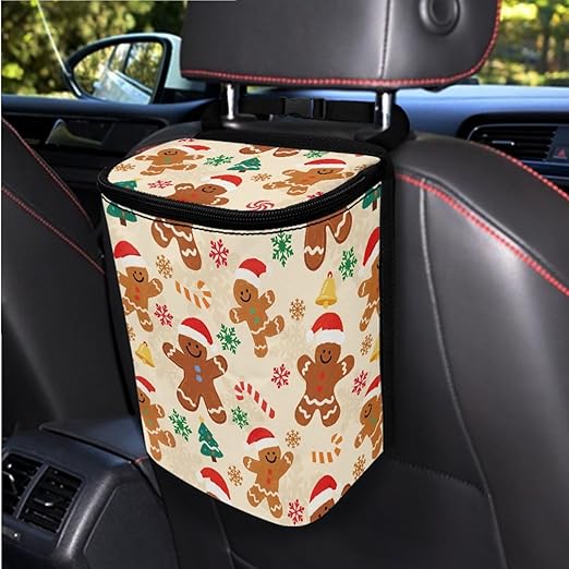 1.2 Gallons Car Trash Can for Back Seat, Gingerbread Man Car Trash Can, Adjustable Hanging for Tail of Console/Back of Seats, with Zipper Leak-Proof Lid Design, Mini Size for Convenience