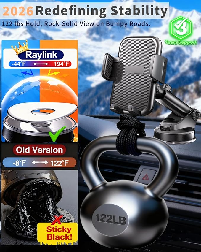 RayLink NO.1 Best Phone Holders for Your Car Ultimate Military-Grade Windshield Dashboard Vent【Upgraded Suction & Clip】 Cell Phone Mount with Patent & Safety Certs for iPhone 17 Pro Max 16 15 Samsung