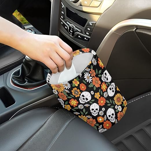 Trash Bag, Car Garbage Can Hanging Back Seat Organizer Trash Can Bin for Vehicle, Travelling, Camping - Gothic Flower Skull