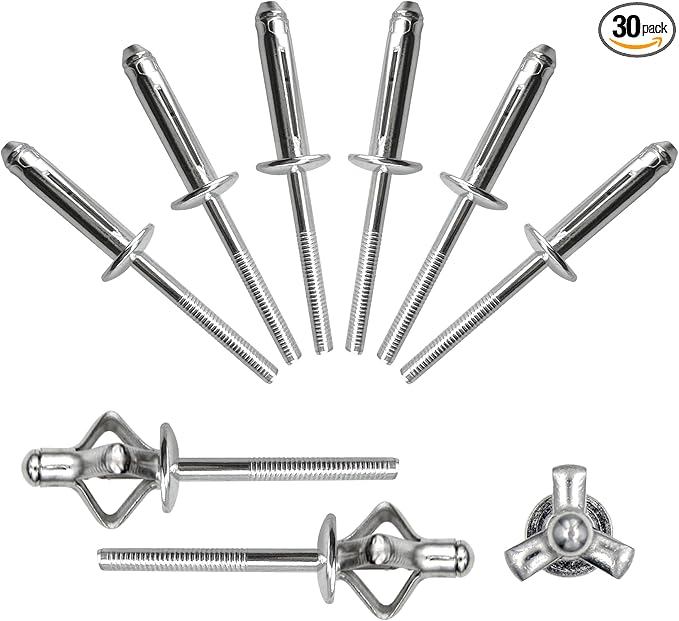 1/4" x 1" Tri-Fold Rivets Assortment - 30Pcs,Silver Tri-fold Exploding Pop Rivets Solid Aluminum Tri Grip Rivets Bulb Style Rivets for Kayak Marine Boat