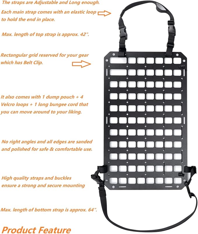 TACNEX Rigid MOLLE Panel for Vehicle Seat Back Organizer Aluminum Alloy Plate for Auto Modular Storage Patrol Car Tactical Gear EDC Pouch Holder Holster Bag Rack Mount Platform