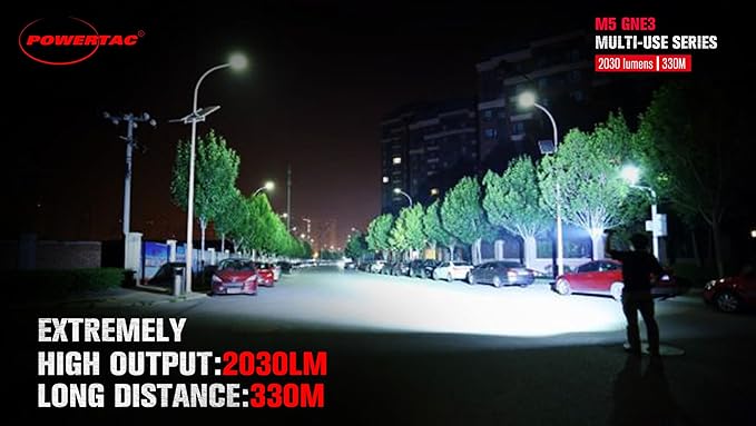 PowerTac M5-G3 2030 Lumens Rechargeable Tactical Flashlight, 330M Throw with Magnetic Charging and Dual Switch, LED Flashlight for Outdoor Emergency