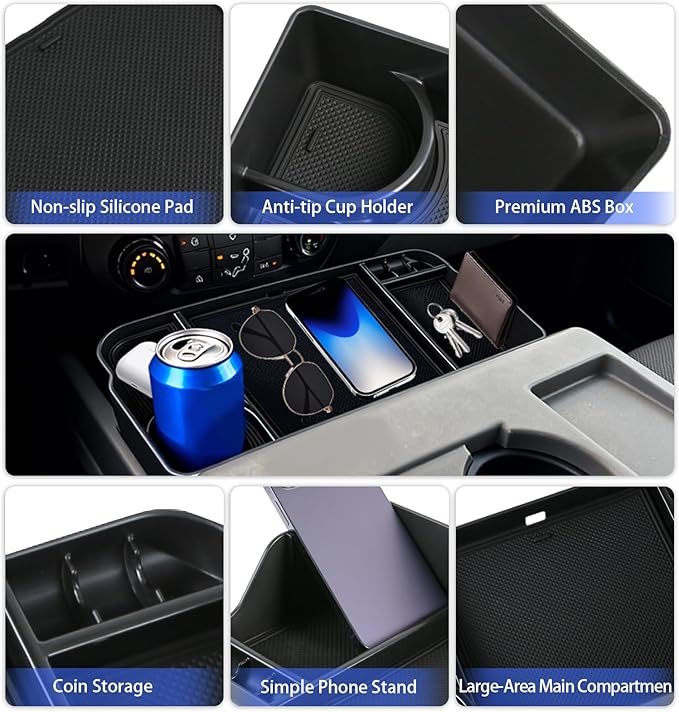 Jump Seat Front Seat Headrest Organizer for 2011-2026 Ford F150-F650 Super Duty Accessories- Truck Interior Storage Tray with Deep Cup Holder, Cable Hole, Non-Slip Silicone Mat & Coin Container