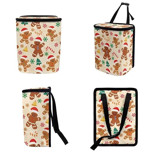 1.2 Gallons Car Trash Can for Back Seat, Gingerbread Man Car Trash Can, Adjustable Hanging for Tail of Console/Back of Seats, with Zipper Leak-Proof Lid Design, Mini Size for Convenience