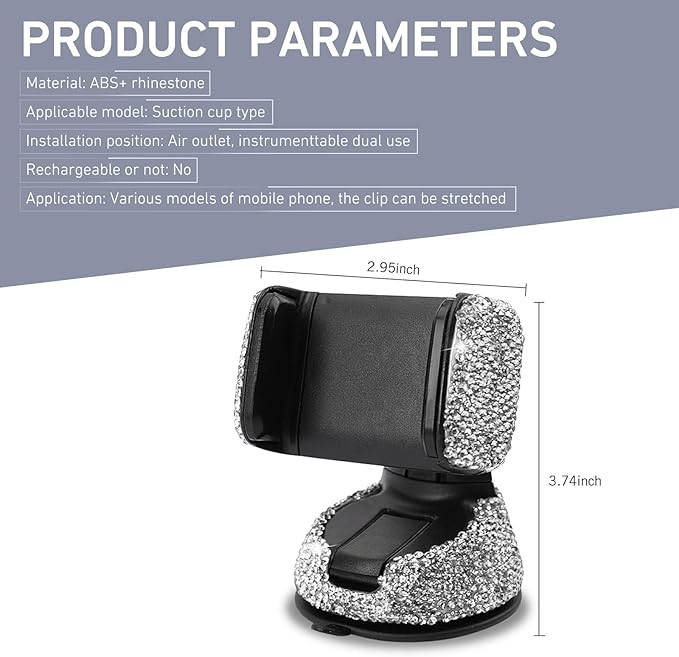Car Phone Holder, Bling Rhinestone-encrusted Anti-shake Stand with Adjustable Clamp, 360°Rotate Navigation Mount, Universal Interior Accessory for Windshield Dashboard and Air Outlet (White)