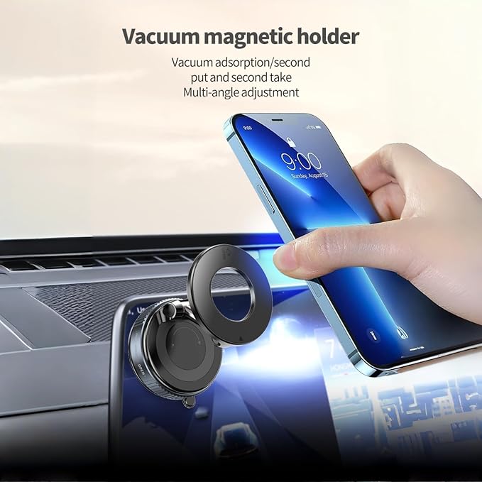 Strong Magnetic Car Phone Holder for MagSafe with Vacuum Suction Cup, Foldable and Retractable, 360° Rotation Phone Mount for iPhone 12 13 14 15 16 17 and Android Smartphones, Black