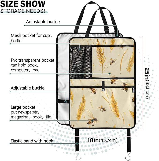 Fall Wheat Yellow Bees 1 Pack Backseat Car Organizer with Storage Pockets Seat Back Organizers for Kids Kick Mats Backseat Protector Automotive