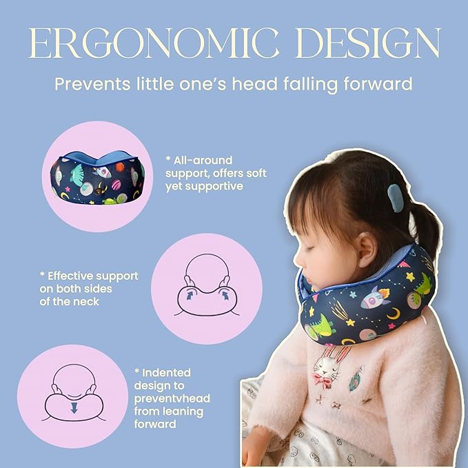 SKYTRAX® Certified Kids Safe Memory Foam Travel Neck Pillow for Kids and Toddlers, Cute Cartoon Design, Car Seat & Airplane Head Neck Support, Adjustable Snap Button, Washable Soft Cover (Dinosaur)