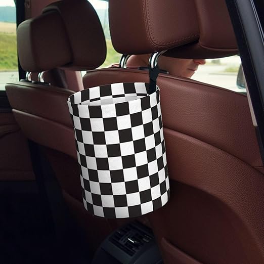 Car Trash Bag Black and White Chess Waterproof Trash Small Car Can Portable Collapsible Car Garbage Can Hanging for Back Seat Floor or Hanging Headrest Car Decor Road Trip Essentials