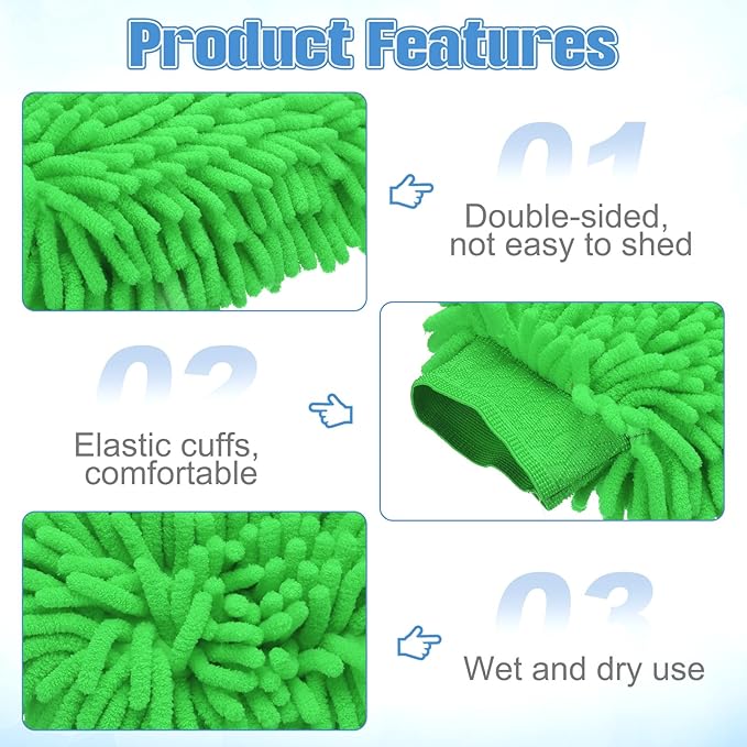 HARFINGTON Chenille Microfiber Car Wash Mitts 9" x 5.5" Scratch Free Wash Gloves Absorbent Double Sided Plush Cleaning Drying Mitts for Car Washing Home Clean Green