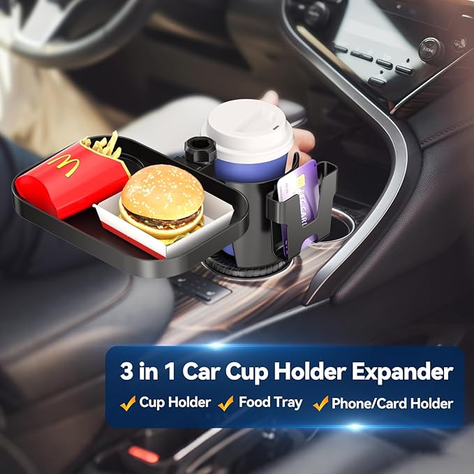 KDD Car Cup Holder Expander - 3 in 1 Cup Holder Adapter with Adjustable Base - Detachable Phone Holder & 360° Rotation Food Tray for Car - Compatible with Vehicles, Car, Road Trip Essentials