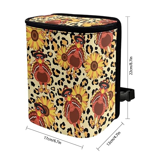 1.2 Gallons Car Garbage Can, Thanksgiving Turkey Car Trash Can Front Seat, Adjustable Hanging for Tail of Console/Back of Seat, Odor-Free with Zipper Leak-Proof Design, for Convenience