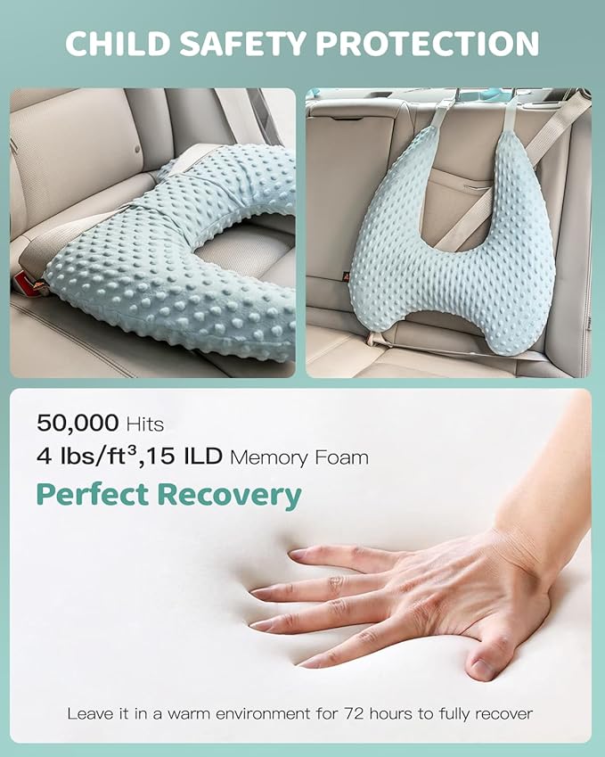 Memory Foam Kids Travel Pillow, Car Pillow for Kids, H-Shape Car Pillows for Sleeping, Removable Pillowcase, Adjustable, Velvet Dots, Blue