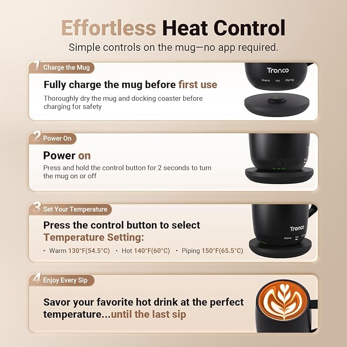 Tronco Temperature Control Heated Coffee Mug 14 oz – Rechargeable Self-Heating Coffee Cup with Lid – Manual Control, 3 Modes, 130 Min Battery Life, Auto Shut-Off (Rose)