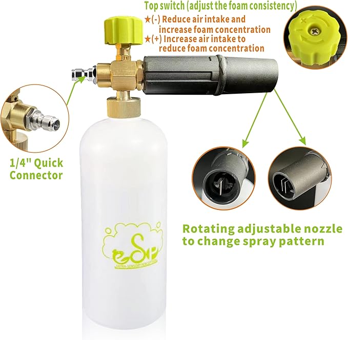 ESP Foam Cannon 1L Car Wash Foam Sprayer with 1/4" Quick Connector, 5 Nozzle Tips for Pressure Washer