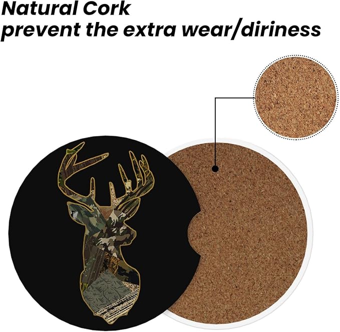 Car Coasters for Cup Holders, 2 Pack Absorbent Ceramic Anti Slip Universal Car Interior Accessories 2.56 Inch Cup Coaster for Women Men - Camo Deer