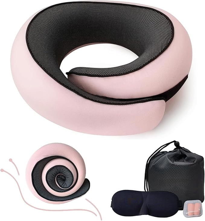 Neck Pillow for Traveling, Travel Neck Pillow for Airplanes, 100% Pure Memory Foam, 360° Support Stowable Pillows for Sleeping, Breathable & Washable Cover, Compact for Travel, Car & Office (Pink)