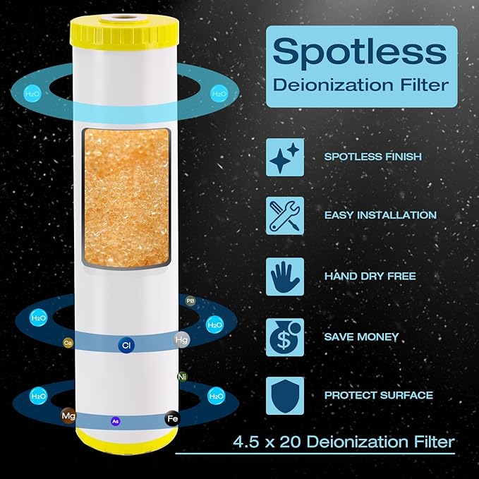 H&G lifestyles Spotless Water System for Car Wash, 20" x 4.5" Water Deionizer for Car Washing, Spot-Free Deionized Water,3/4 GHT Brass Fittings,Garden Hose Deionization Filtration System