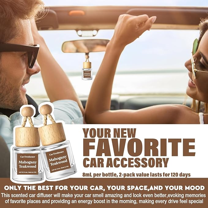 HoogaLife Car Air Freshener Diffuser 2 Pack Hanging Mahogany Teakwood Car Air Freshener for Women 45+ Days Long Lasting Fragrance Made in USA