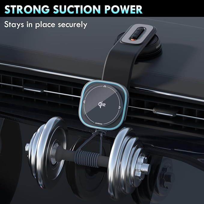 Coverado for 15W Magsafe Car Mount Charger, QI2 Wireless Car Charger Phone Holder fwith Adjustable Aluminum Alloy Arm, Magnetic Car Phone Holder Suction Cup for iPhone 17/16/15/14/13/12