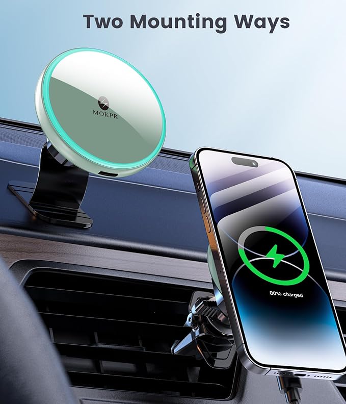 MOKPR for Magnetic Car Mount Charger-15W Wireless Car Charger-Magnetic Car Phone Holder for Dash Air Vent-LED RGB HandsFree Car Mount Fast Car Charger for iPhone 14/13/12 Series,Green