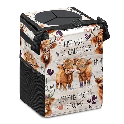 Cute Highland Cow Car Trash Can with Lid Collapsible Reusable Waterproof Car Garage Bag,Automotive Garbage Can,Car Accessories Interior Car Organizer