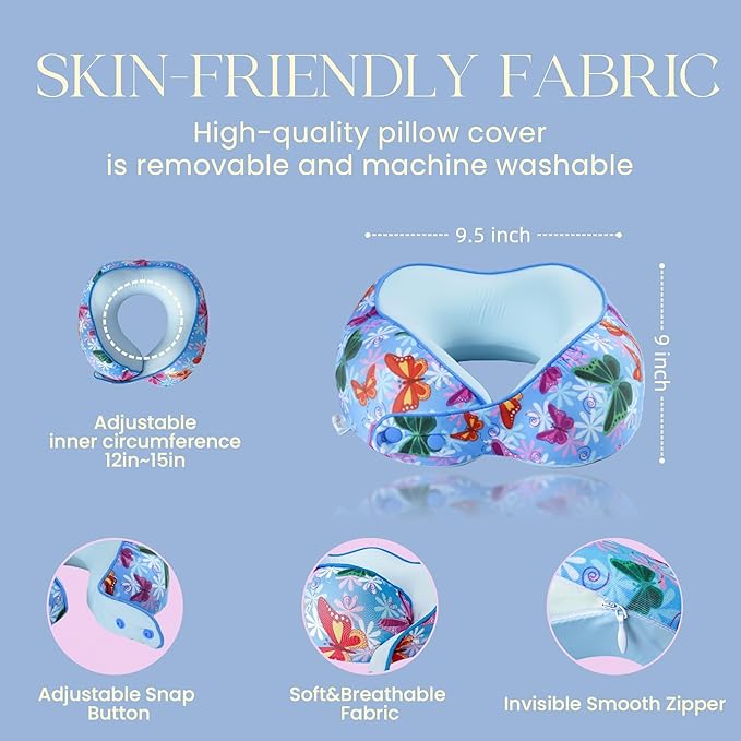SKYTRAX® Certified Kids Safe Memory Foam Travel Neck Pillow for Kids and Toddlers, Cute Cartoon Design, Car Seat & Airplane Head Neck Support, Adjustable Snap Button, Washable Soft Cover (Butterfly)
