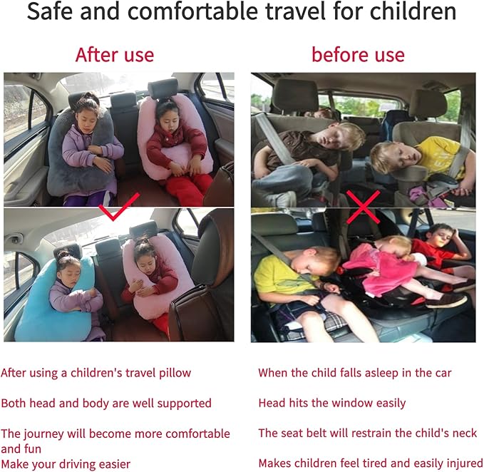 Travel Pillow Car Pillow Kid Car Sleeping The Sleeping Aid for Adults and Kids on Road Trips Sponge Kids Travel Pillow Provides Body and Head Support Gray