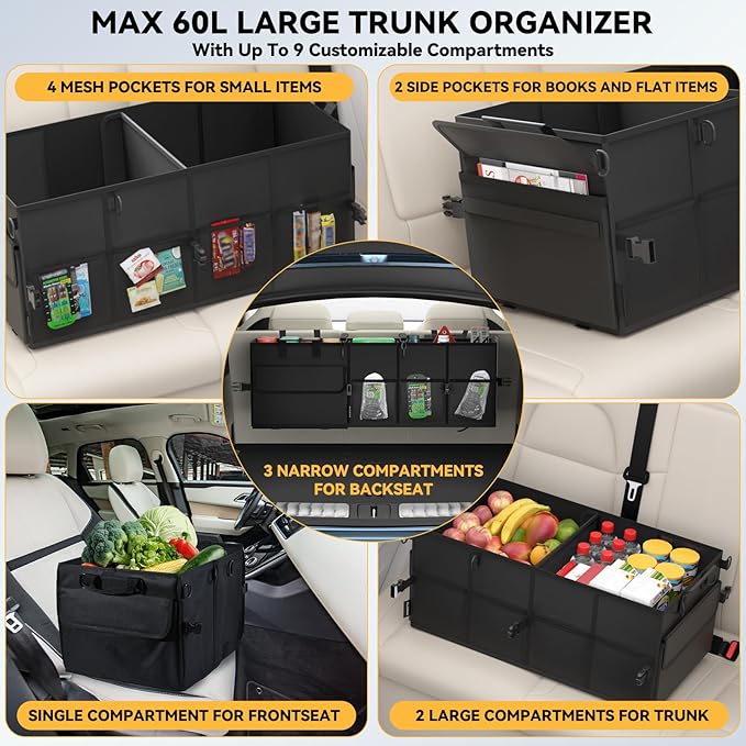 Car Trunk Organizer for SUV 60L Backseat Car Organizer Back Seat Large Storage Trunk Compartment Collapsible Car Caddy Heavy Duty Truck Storage Bin w/6 Pockets Adjustable Straps Cargo Van Jeep Sedan