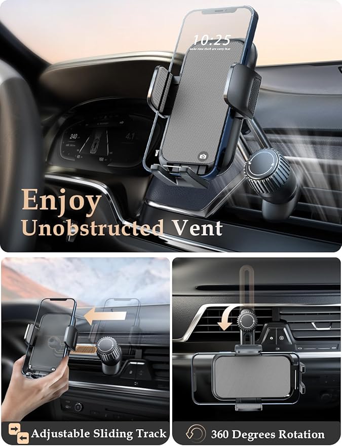 Phone Mount for Car Vent: [Never Blocking] Air Vent Cell Phones Holder for iPhone & Samsung Android Smartphone [Thick Cases Friendly] Hands-Free Auto Mobile Phone Stand (Gray)