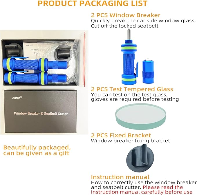 Allelic Car Window Breaker Tool, Window Breaker Seatbelt Cutter, Window Breaker, Glass Breaker, Spring-Loaded Window Breaker for Land & Underwater (Blue, 2 PCS)