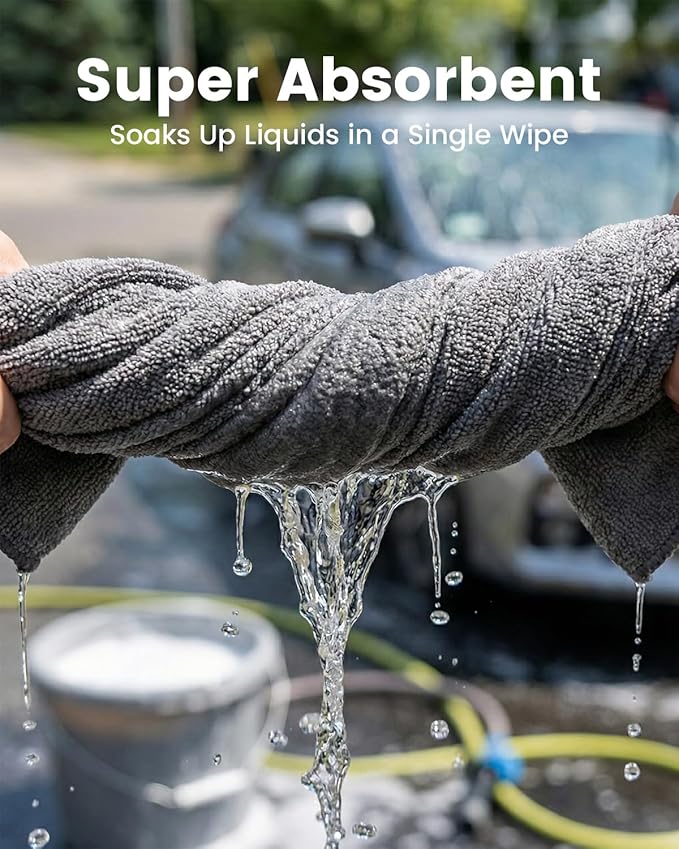 POPCHOSE Microfiber Towels 12 Pack for Cars, Super Absorbent Cleaning Cloths, Lint Free Streak Free Towels for Car Detailing, Household, Kitchen, Glass & Tools, Grey