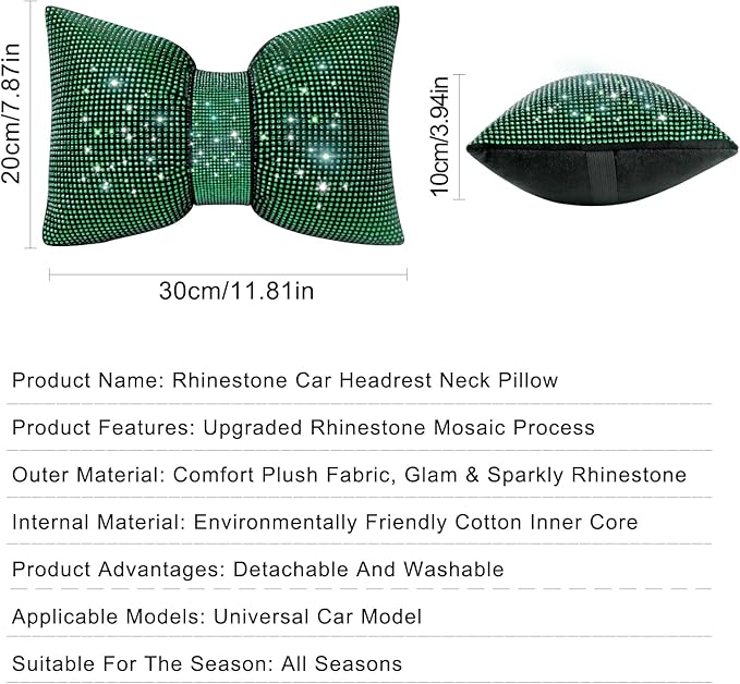 surpassme 2PCS Rhinestone Car Headrest Neck Pillow for Driving with Bling Bling Crystal Bow Pillow Car Accessories for Women (Green)