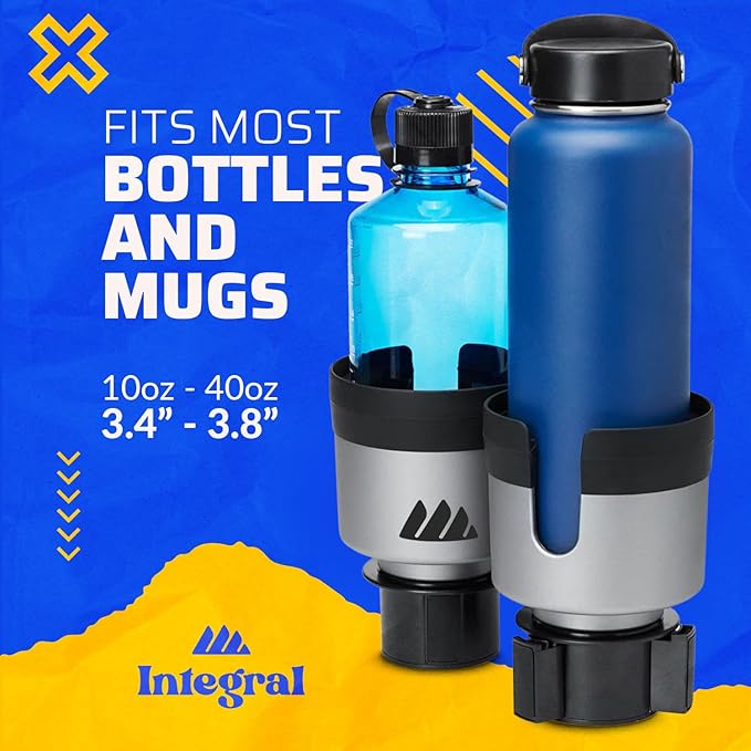 Integral Silver Hydro Expander Car Cup Holder Expander Organizer with Adjustable Base - Rubber Tabs Hold Most 32-40 oz Bottles and Large Cups