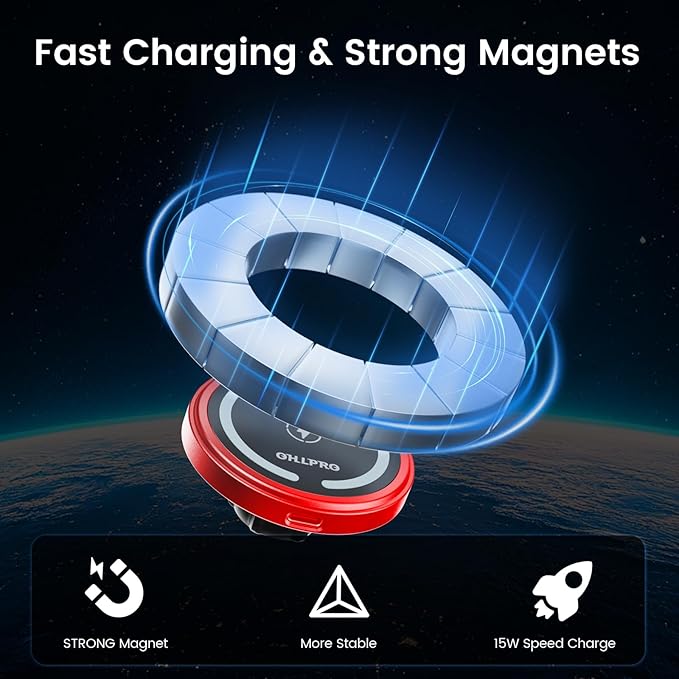 OHLPRO 15W Magsafe Car Mount Charger for iPhone 17, Fast Wireless Charging Magnetic CD Slot Holder with 3M Adhesive Base for Dashboard, Aluminum Shell, Compatible with iPhone 16/15/14 Pro Max, Red