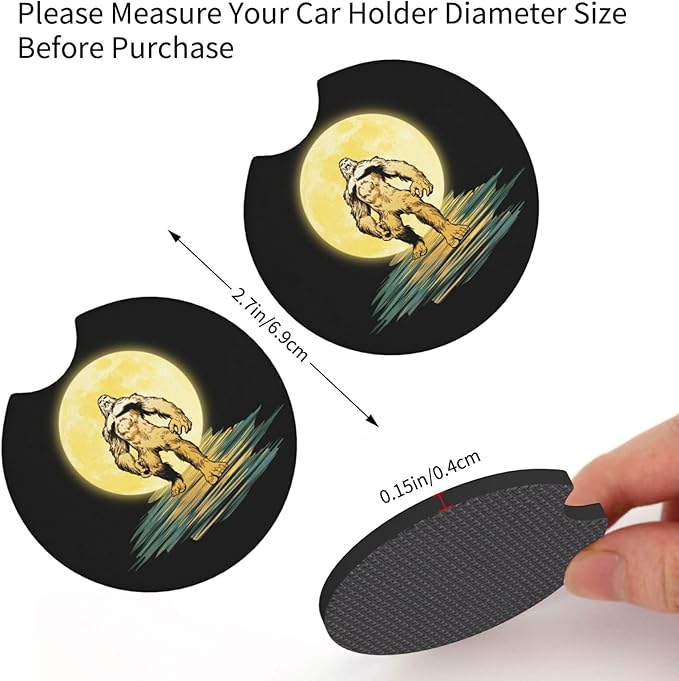 Moon Bigfoot Sasquatch Car Coasters for Cup Holders Pack of 2 Neoprene Cup Mat Pad Vehicle Interior Accessories for Men Women