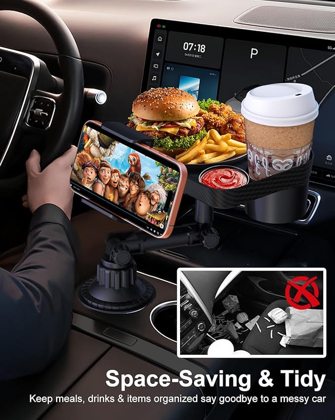 3 in1 Car Cup Holder Expander with 360° Rotation Phone Mount, Multifunctional Car Food Tray for Eating, Drinking, and Phone Mounting, Ideal for Travel, Auto, Trucker & Daily Driving