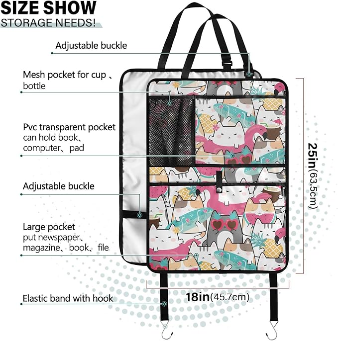 1 Pack Backseat Car Organizer with Storage Pockets Seat Back Organizers for Kids Kick Mats Backseat Protector Automotive Funny Cats Summer