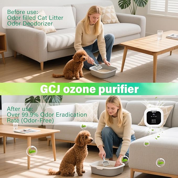 GCJ Air Purifier for Pets,Purify Odor with Negative Ions and Ozone Quiet,Cat Litter Box Exhaust Fan 323ft²,100mg/h,Compact Small Portable Ionizer for Classroom,Toilet, Closet, Room,Office