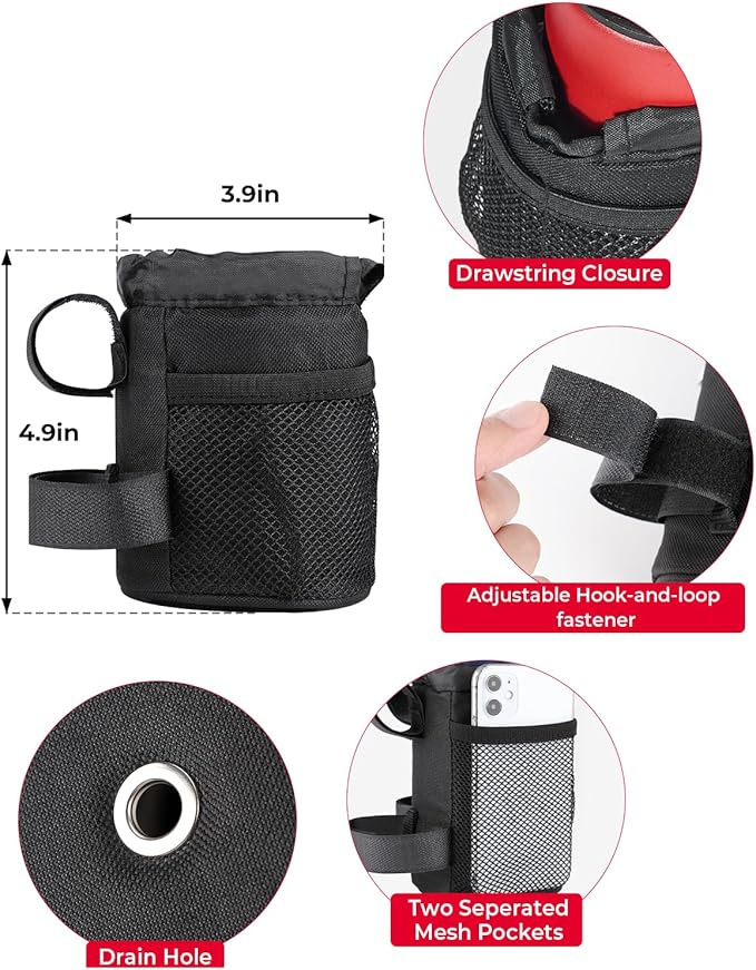 KEMIMOTO Bike Cup Holder, Bike Water Bottle Holder Bicycle Handlebar Drink Holder with Mesh Pockets Phone Bag, Universal Compatible with Road Bike MTB E-Bike Cruiser Scooter Wheelchair