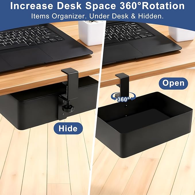 MYITYARD Under Desk Organizer, 360° Rotating Desk Cup Holder Clamp, Clamp on Drawer Under Desk Storage Organizer with Game Console, Phone, Cable Management for Office and Home (Rectangular)