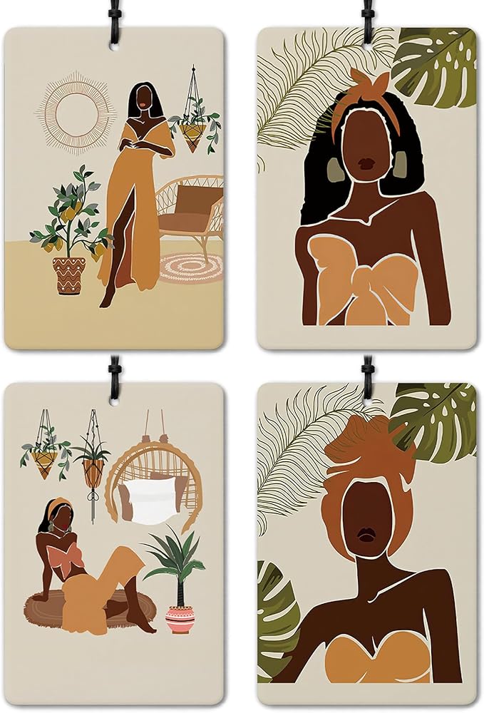 Modern Boho Black Woman Car Air Freshener 4 Pcs, Boho Minimalist Tropical Botanical Air Freshener Hanging for Cars Books Closet Drawer, Car Accessories Gifts for Black Women Girls