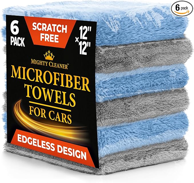 Super Soft Microfiber Towels for Cars - Edgeless - 6pk (12”x12”) - Premium Scratch-Free Towel - Great for Drying, Detailing, Polishing, Buffing - Ultra Absorbent Microfiber Cleaning Cloths for Car