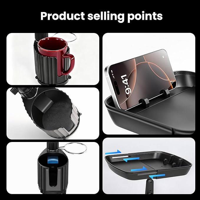 Car Cup Holder Tray Table 10-inch Car Food Tray Portable 4-in-1 Car Cup Holder Extender 360° Rotating with Phone Holder Essential for Road Trips