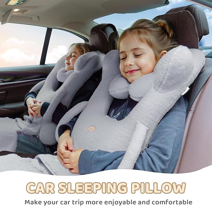 FLORICH Car Sleeping Travel Pillow for Kids, Kids Travel Pillow Removable H-Shaped Pillow for Adults and Children to Support Head and Body Road Trips with Neck Pillow and Blanket (Grey)
