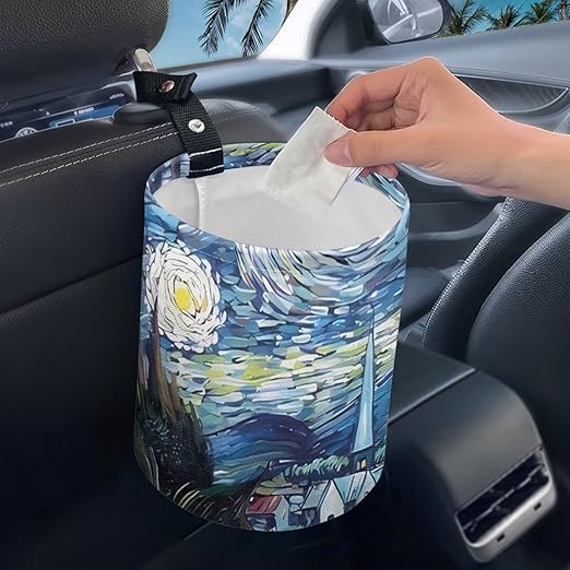 Oil Painting Starry Car Trash Bag, Hanging Car Organizer and Storage Bag, Trash Bin for Car Accessories, Vehicle, Travelling, Camping