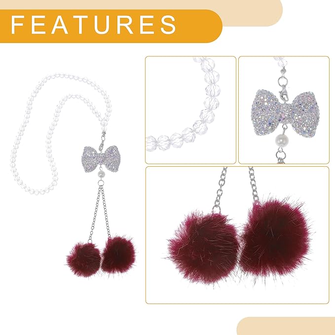 1 Pcs Artificial Crystal Bow,Mink Hair Car Rear View Mirror Pendant Accessories Car Hanging Ornament Wine Red