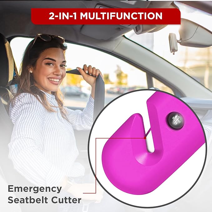Swiss Safe 5-in-1 Emergency Car Safety Hammer – Car Window Breaker & Seatbelt Cutter, Heavy-Duty Escape Tool for Vehicle Emergencies and Auto Kits – Pink, 1 Pack