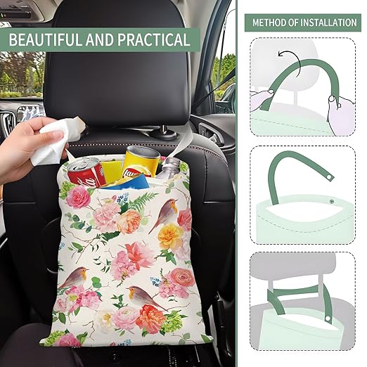 Cute Car Trash Can, Hanging Canvas Car Back Seat Organizer and Storage Bag, Funny Car Trash Bag For Travelling, Outdoor Cute Pink Flower Brid