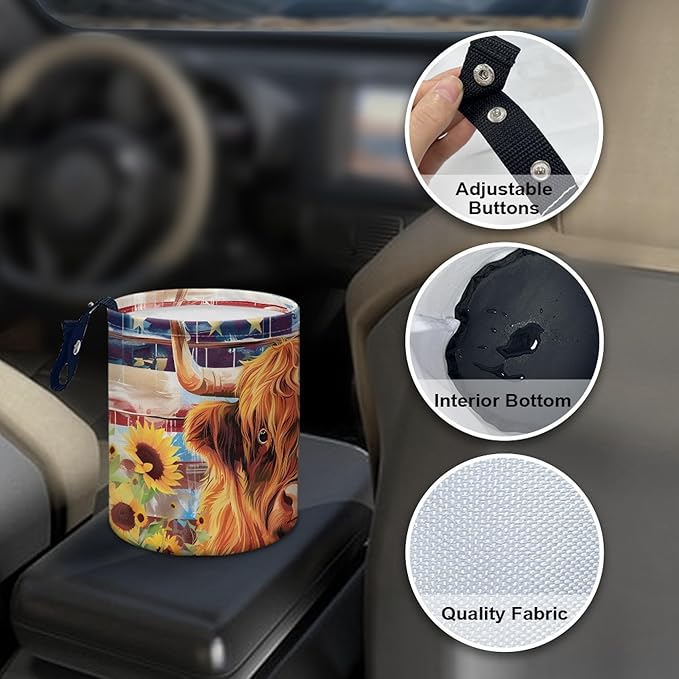 Cute Car Trash Can Highland Cow Print Automotive Accessories for Interior Organizer Truck SUV RV Vehicle Home Office Small Portable Hanging Garbage Bags